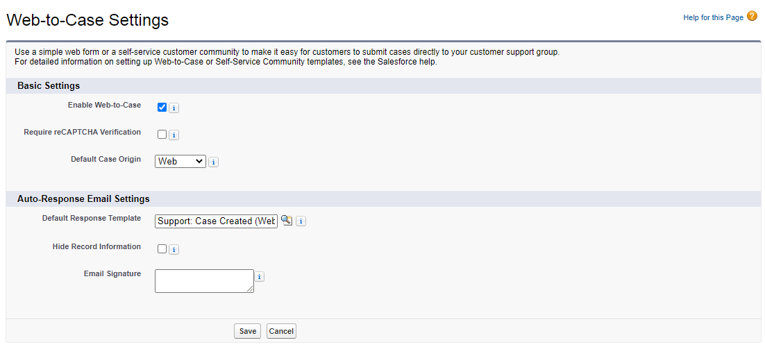 web to case settings