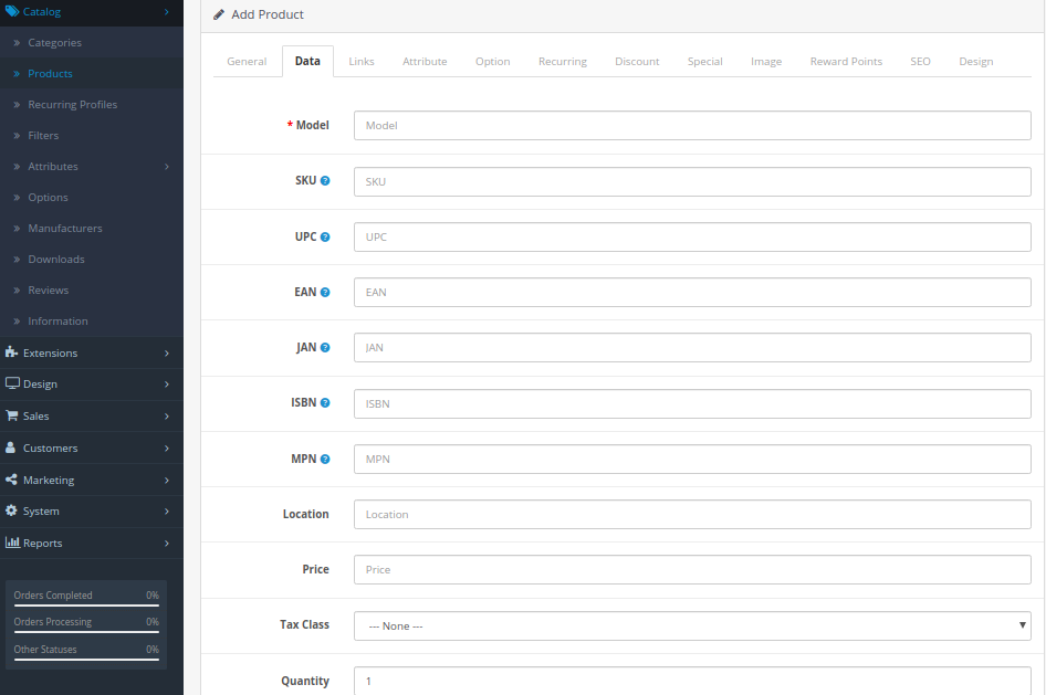 Data tab in products opencart