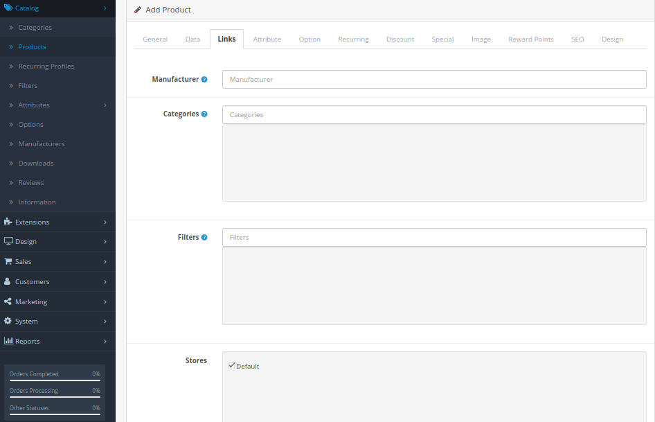 Links tab add new product opencart