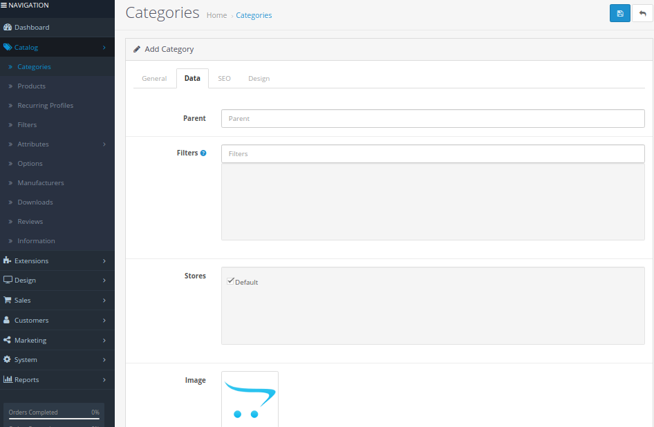 data tab in categories opencart