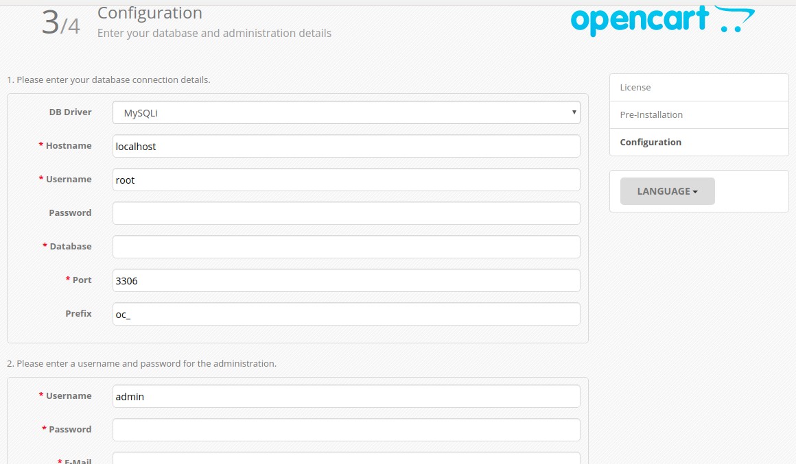 database configuration in opencart