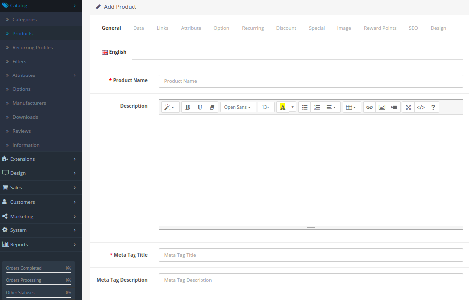 general tab in products opencart