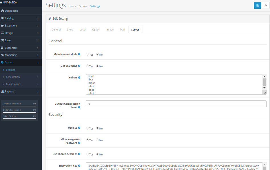 server tab in opencart store