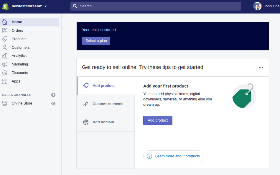 shopify store admin dashboard