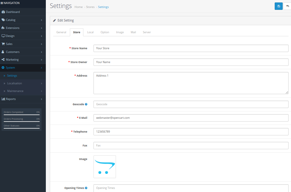 store tab in opencart settings