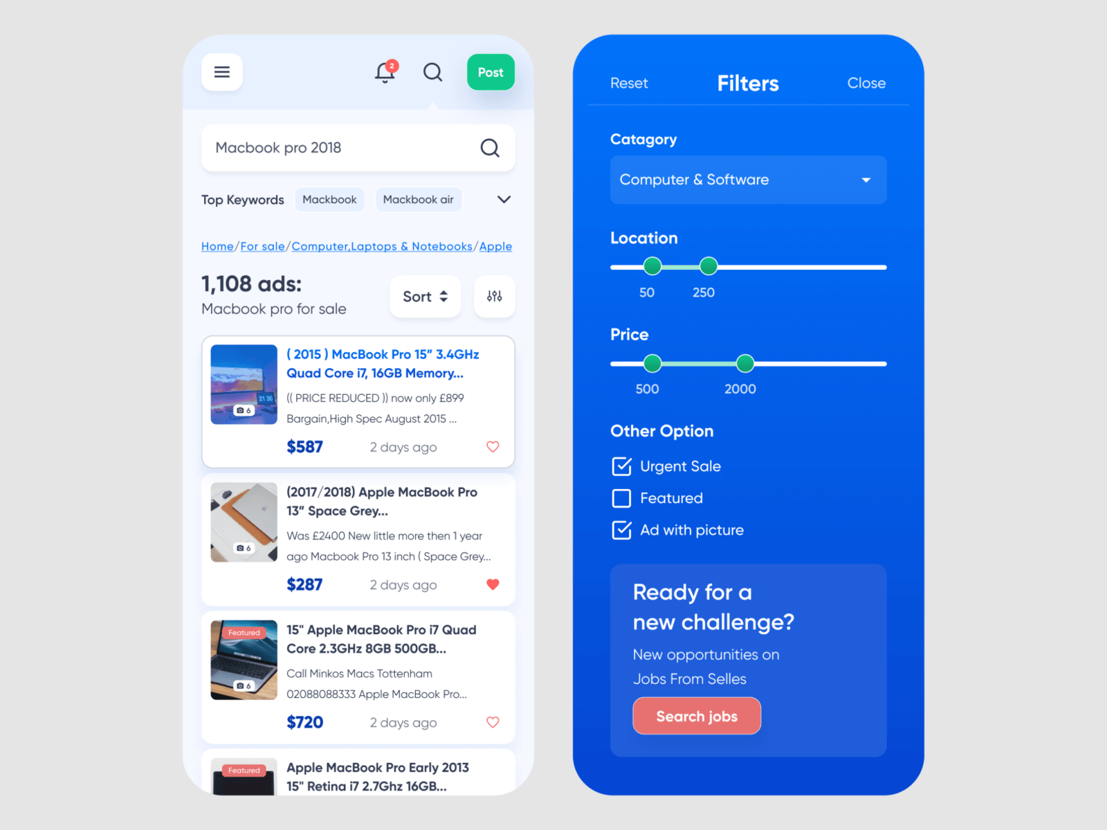classified ad listings searching and sorting by filters