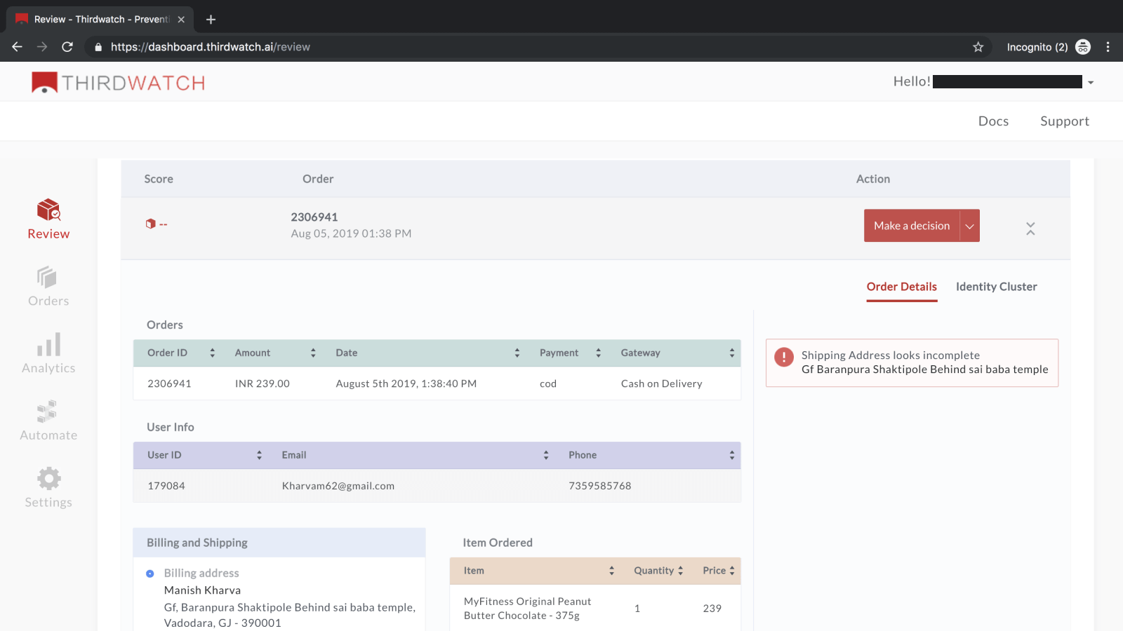Fraud order detection shopify app