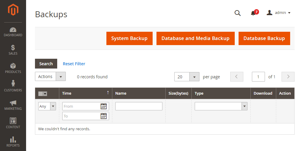 magento backup interface