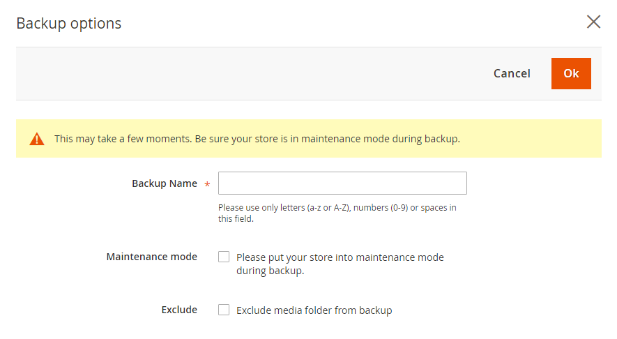 magento backup option form