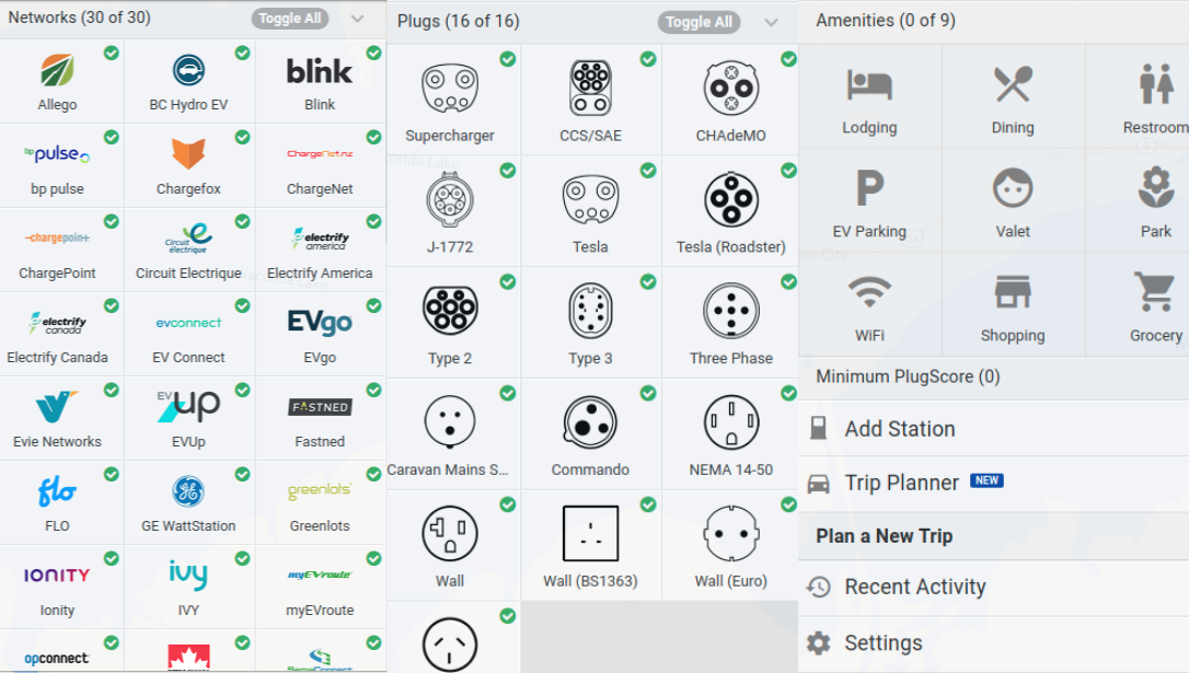 plugshare Filters for EV charging Station Search