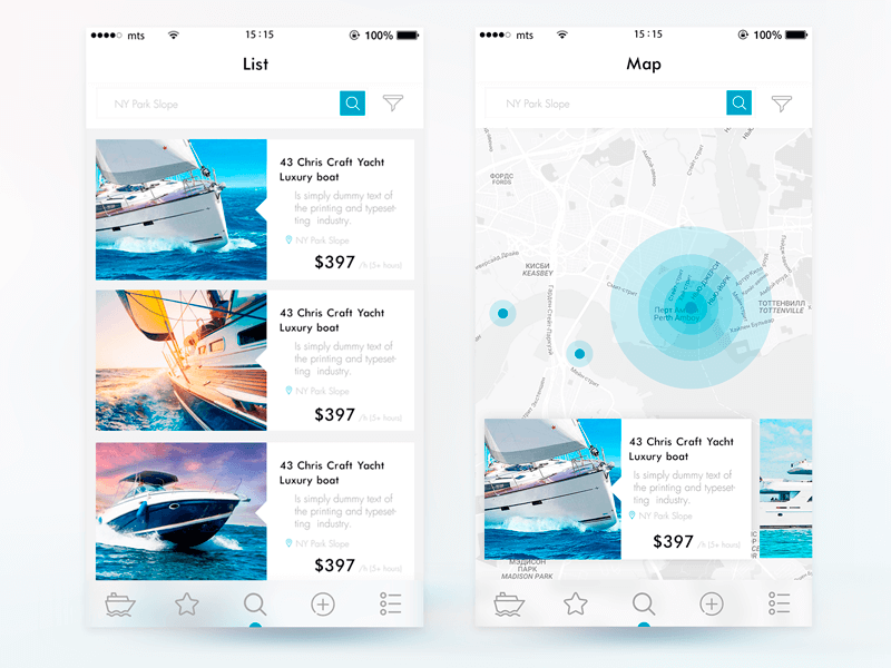 online boat rental app location UI