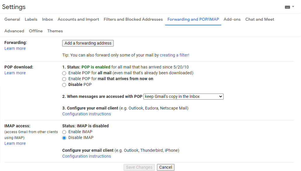 Forwarding and POP/IMAP