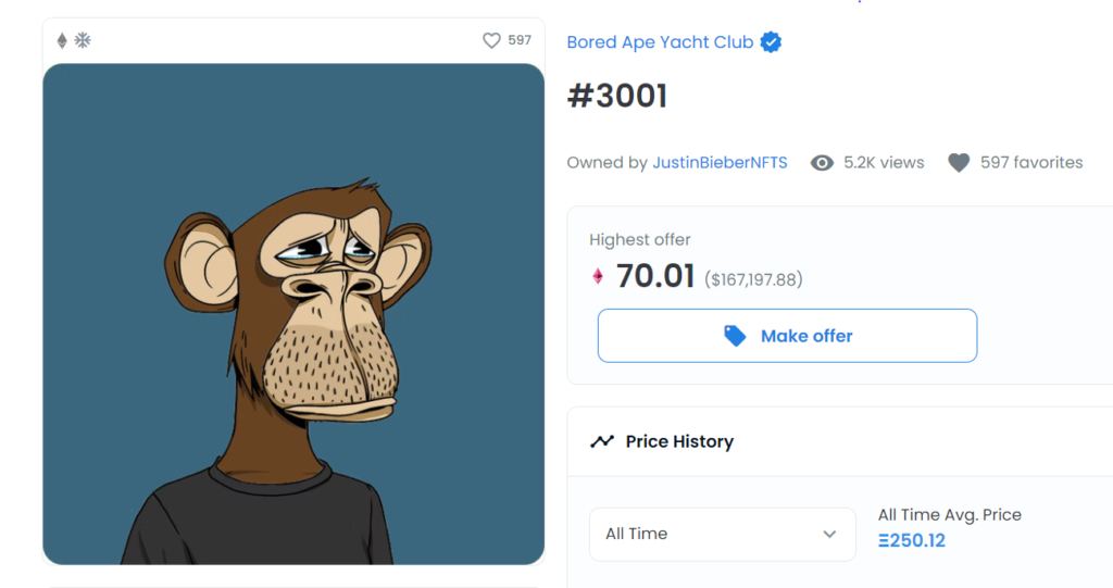 Justin Bieber (BAYC #3001 for USD 1.3 million)