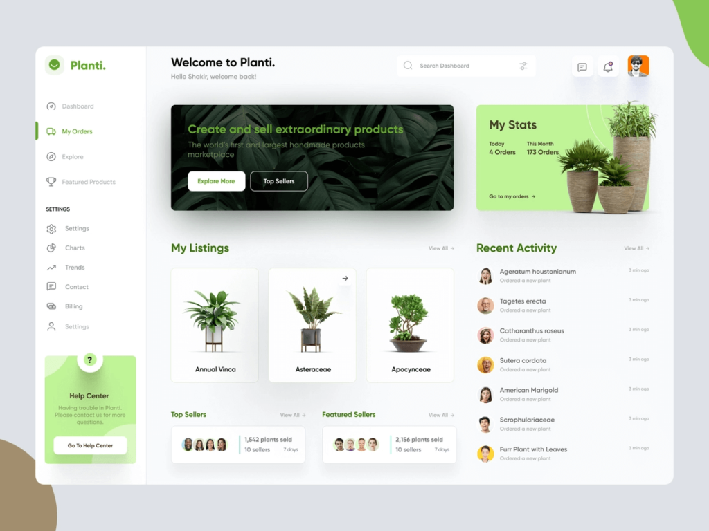 admin panel dashboard of a plant marketplace