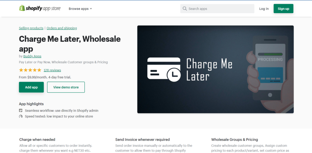 Charge Me Later, Wholesale app